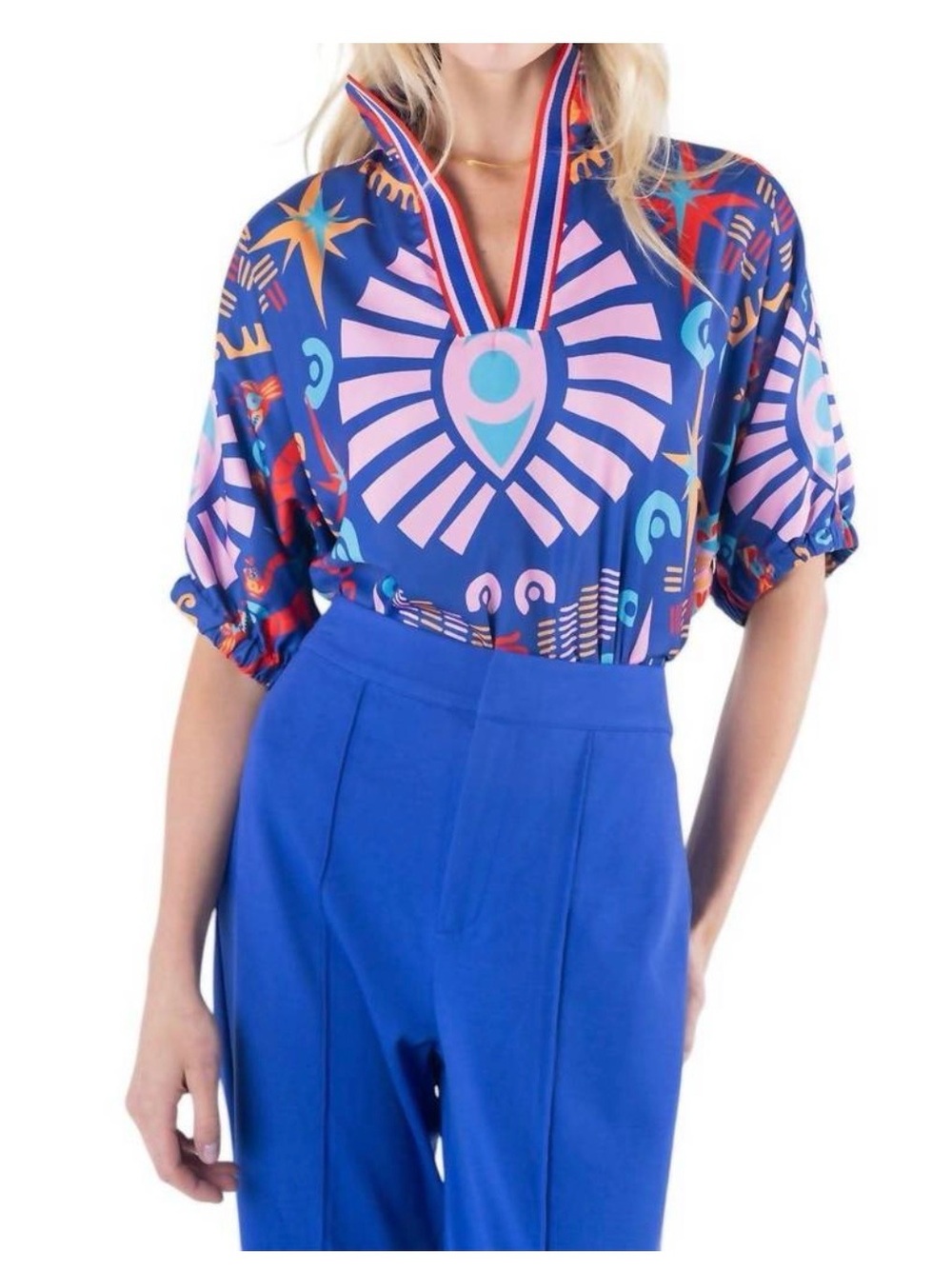 Emily McCarthy Vivid Blue Geometric Print V-Neck Women's Top